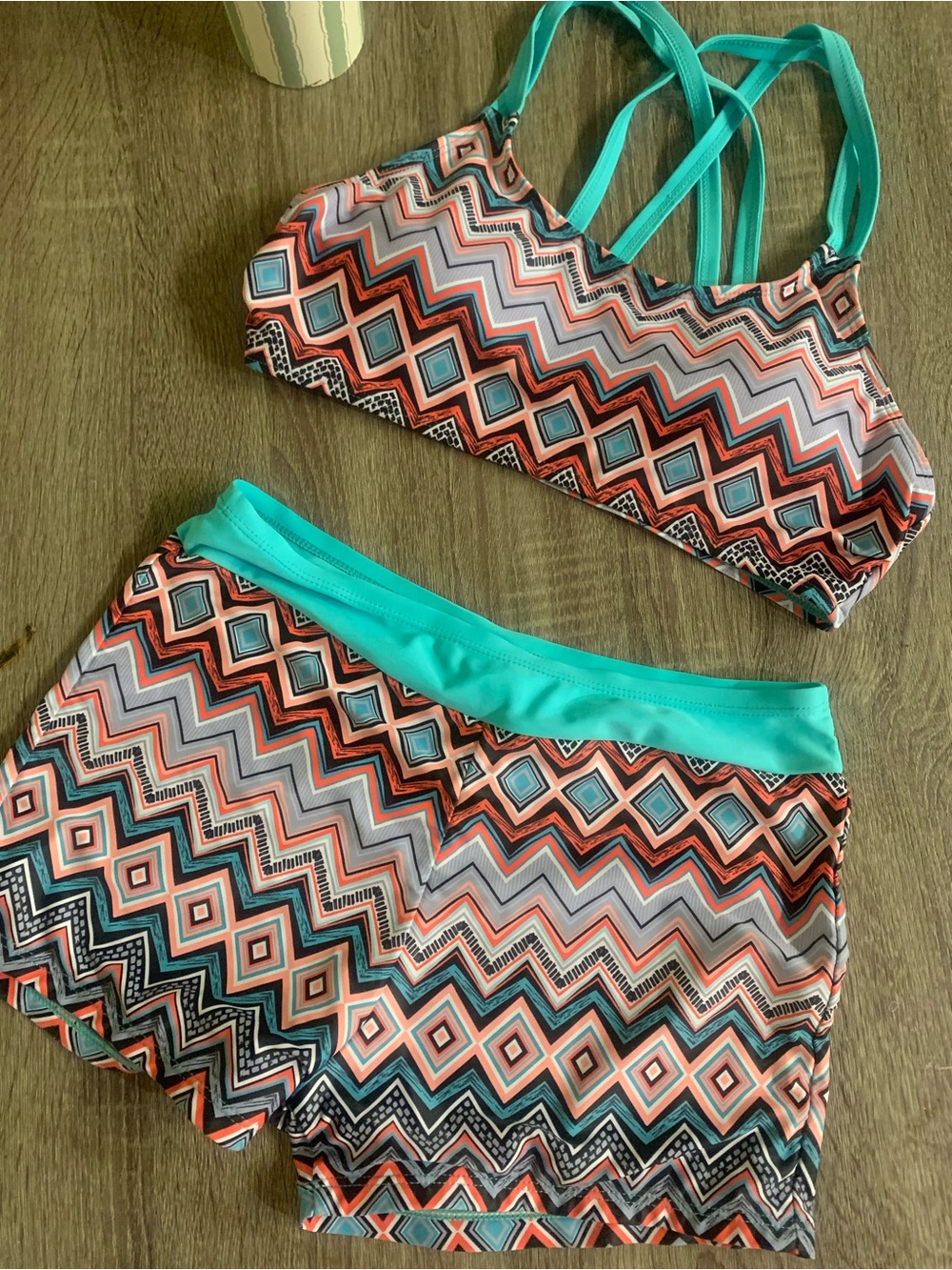 Geometric Turquoise Strappy Bikini Top and Swim Shorts Set
